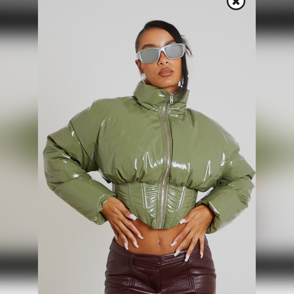 Pretty Little Thing khaki Corset cropped puffer jacket